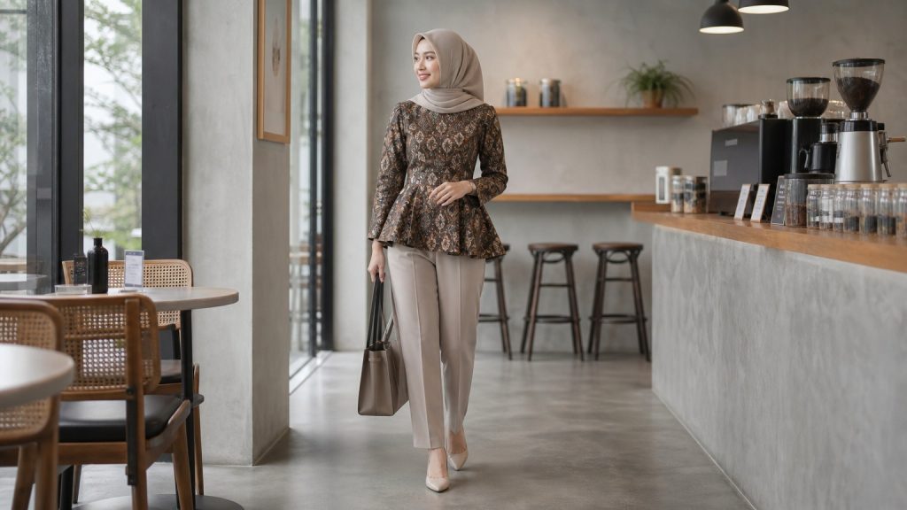 Atasan batik peplum dengan celana krem