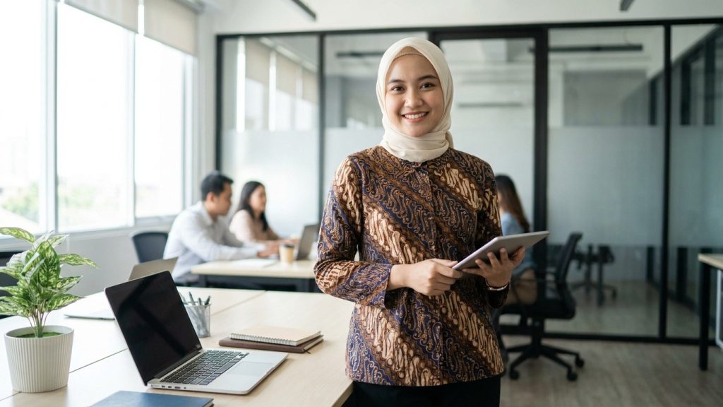 Blus batik lengan panjang untuk kerja wanita berhijab