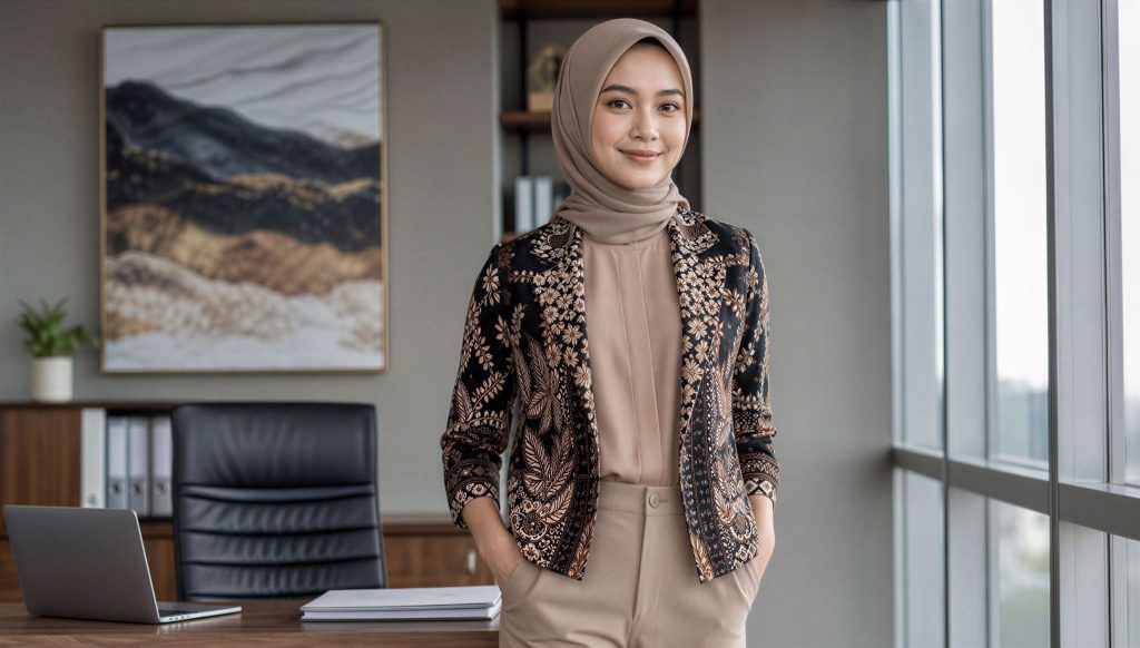 Outer batik dipadukan atasan dan celana krem