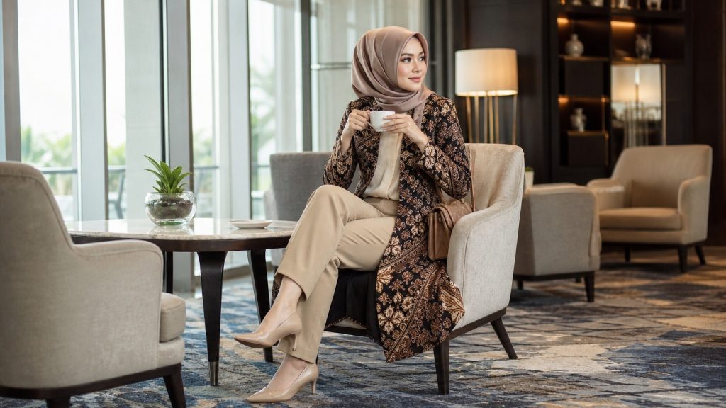 Outer batik panjang selutut untuk wanita berhijab