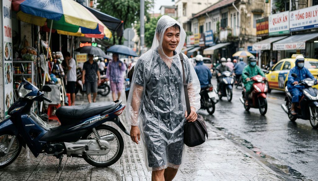 Pejalan kaki memakai jas hujan plastik sekali pakai