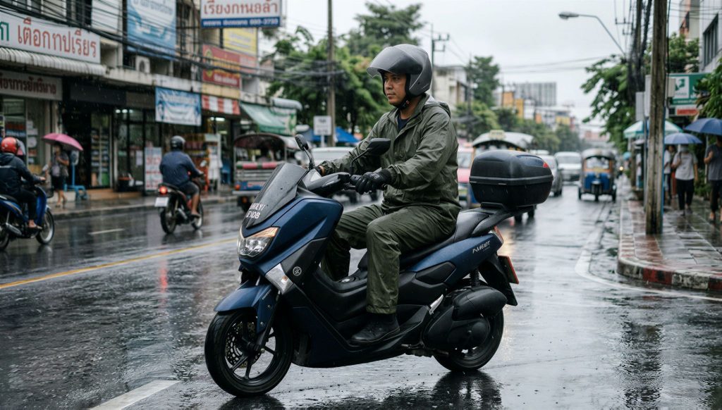 Pengendara motor memakai jas hujan setelan atasan dan celana