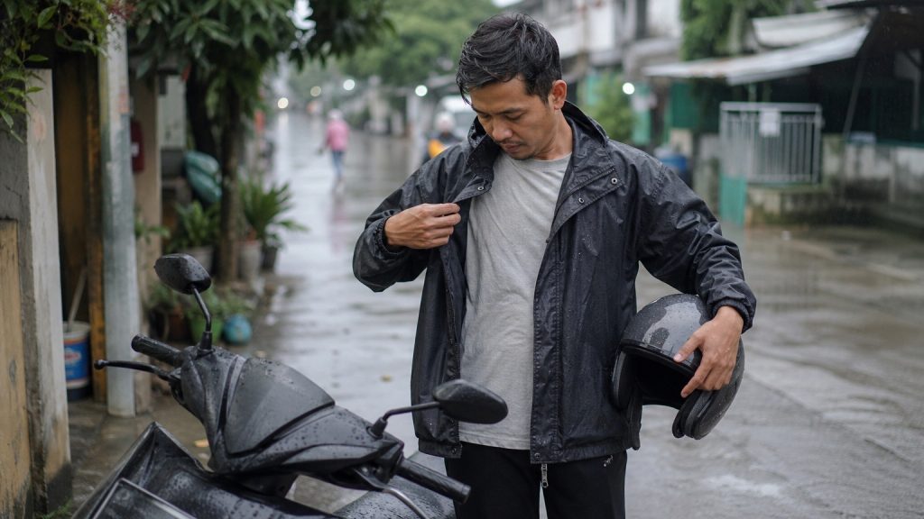 Pria memakai jas hujan model jaket