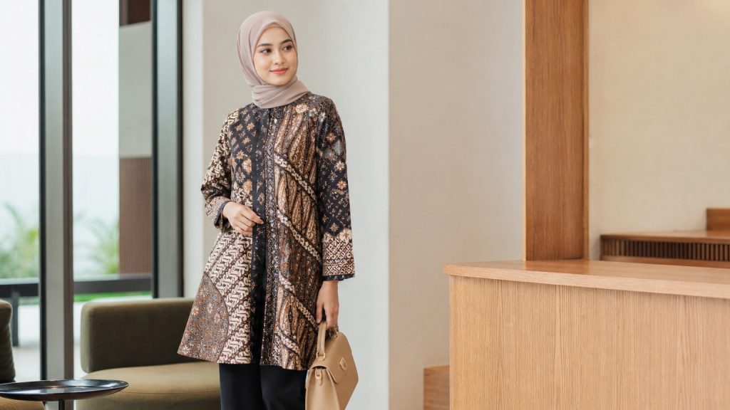 Tunik batik A-line untuk wanita berhijab