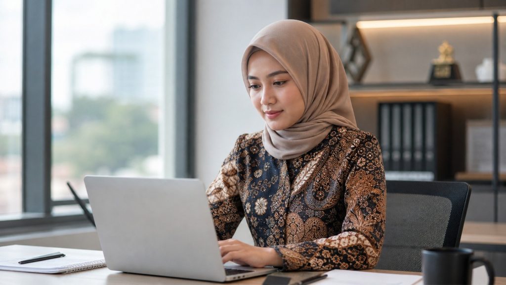 Wanita berhijab memakai baju batik saat bekerja di depan laptop