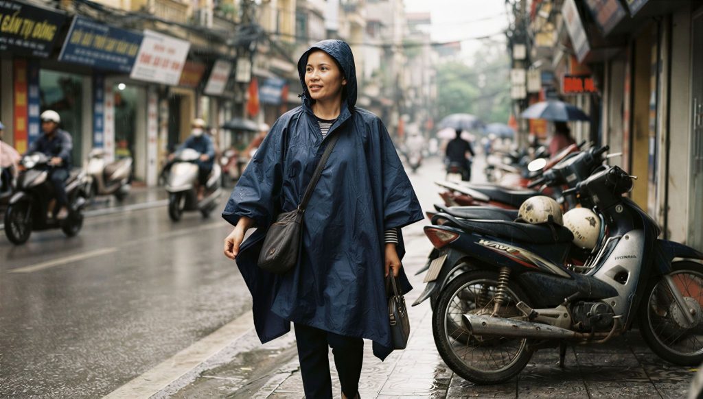 Wanita memakai jas hujan ponco biru tua