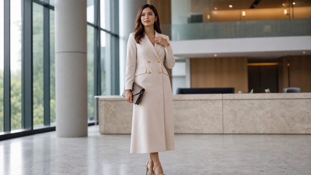 Blazer dress krem untuk kondangan dengan tampilan profesional