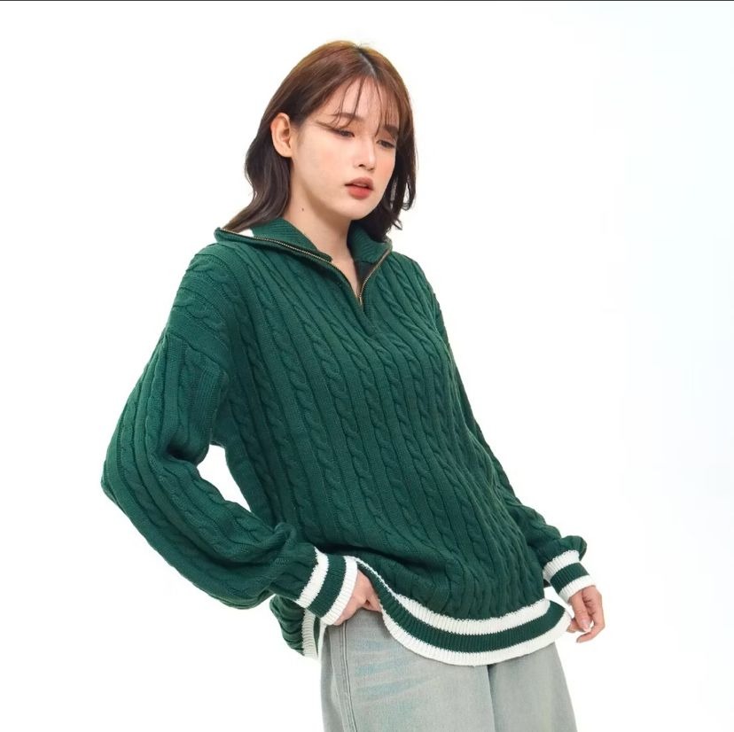 Cable Polo Knit Sweater Loony warna hijau