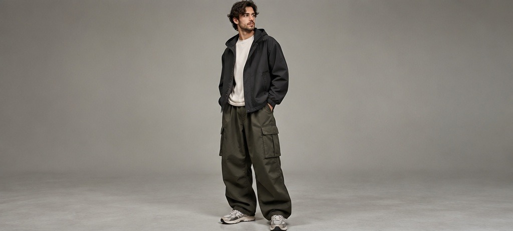 Celana cargo oversize pria dipadukan jaket hitam