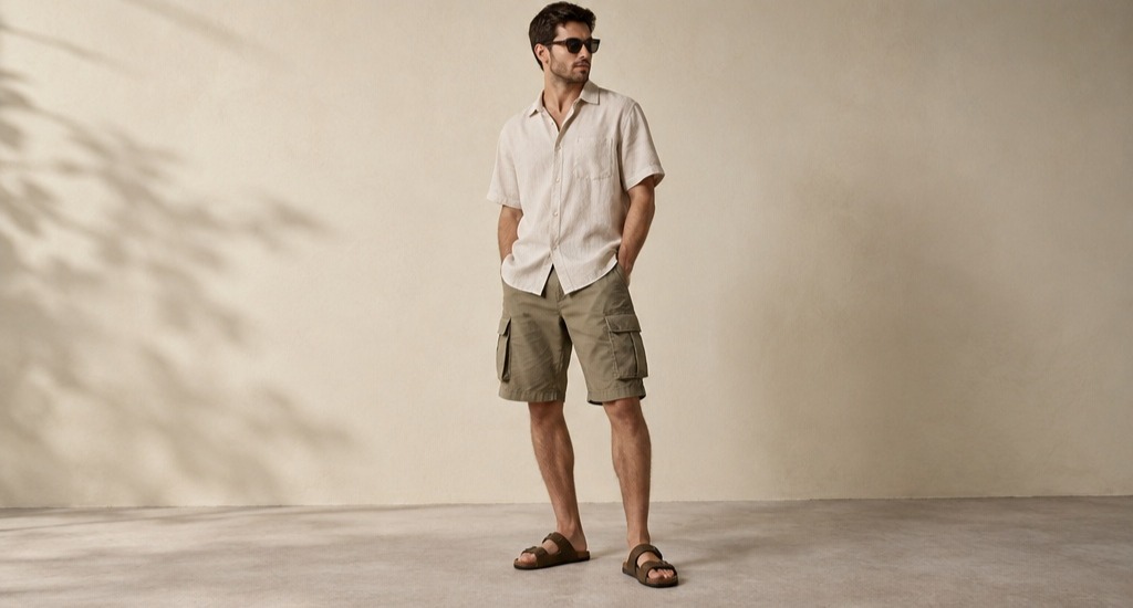Celana cargo pendek pria warna khaki dengan kemeja dan sandal