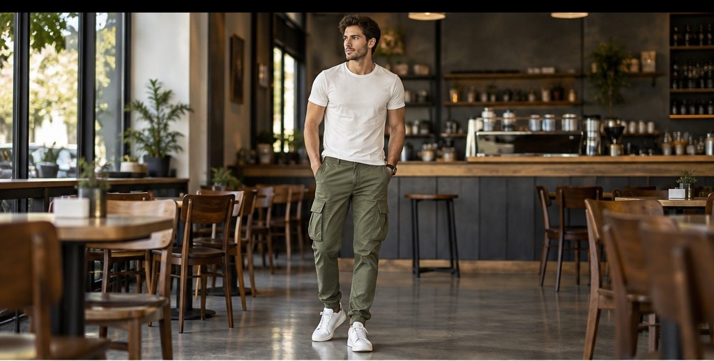 Celana cargo pria slim fit hijau army dipadukan kaus putih