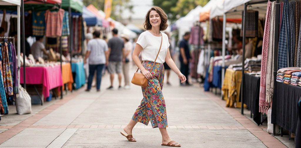Celana kulot motif dipadukan atasan putih