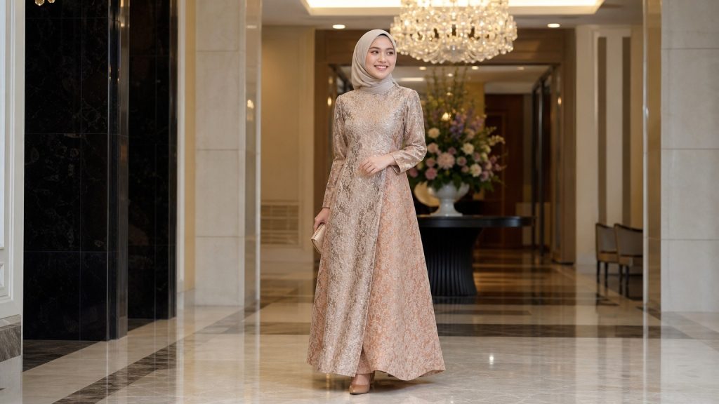 Dress brokat A-line lengan panjang warna dusty pink untuk wanita berhijab