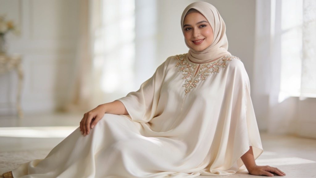 Dress kaftan krem dengan bordir di leher untuk wanita berhijab