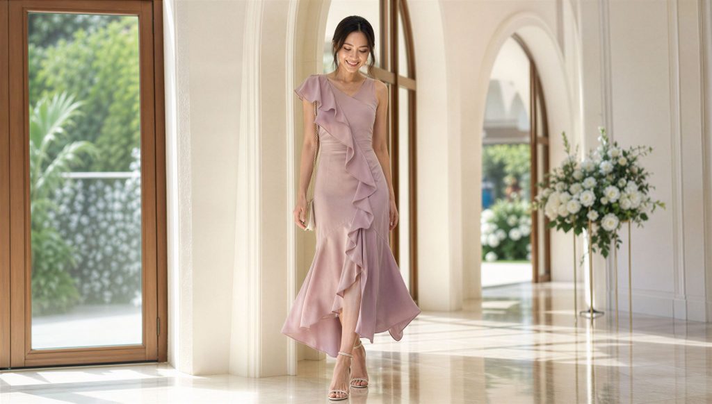 Dress midi asimetris pink dengan detail ruffle