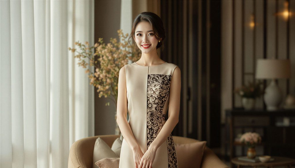 Dress modern dengan panel aksen batik