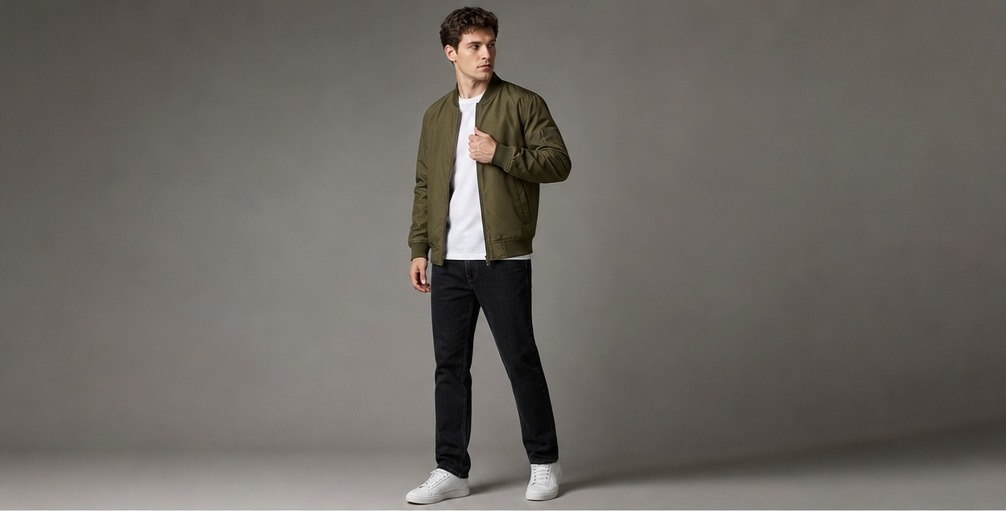 Jaket bomber canvas hijau army dipadukan celana hitam