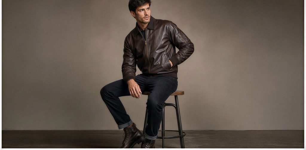 Jaket bomber kulit cokelat model klasik