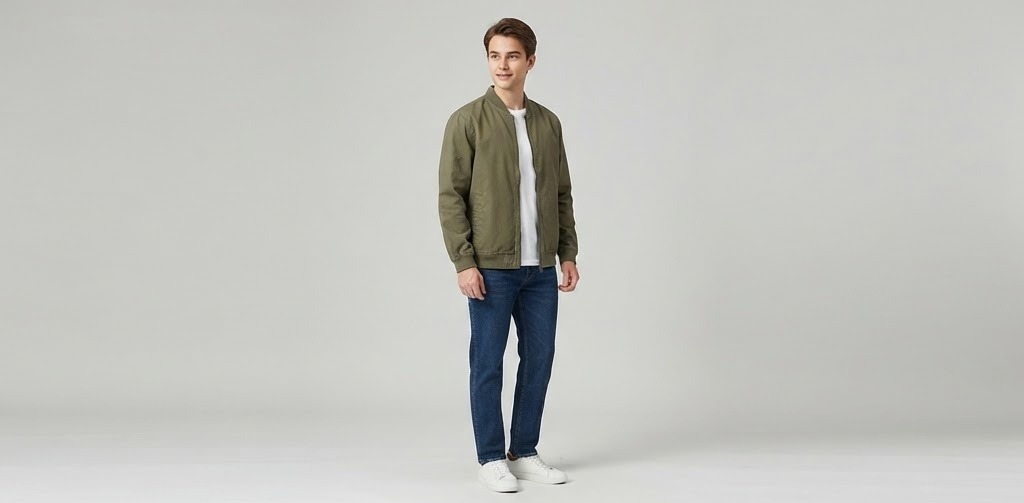 Jaket bomber polyester slim-fit hijau zaitun dengan jeans