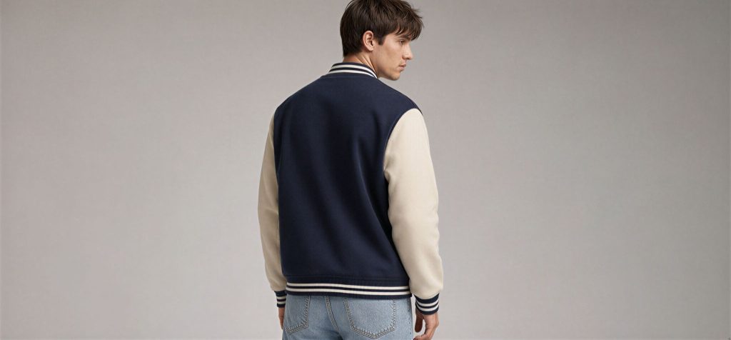 Jaket bomber varsity navy dengan lengan krem tampak belakang