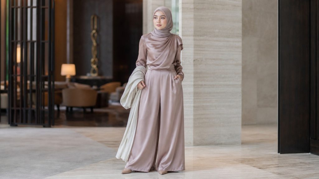 Jumpsuit satin celana lebar dengan draperi bahu untuk wanita berhijab