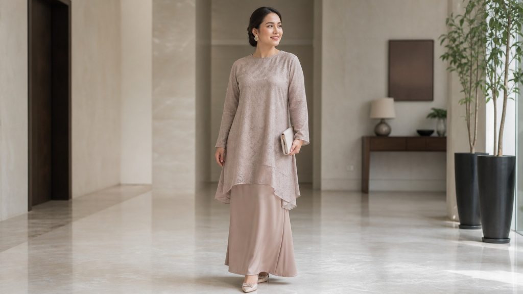 Setelan tunik dan rok warna pink untuk kondangan
