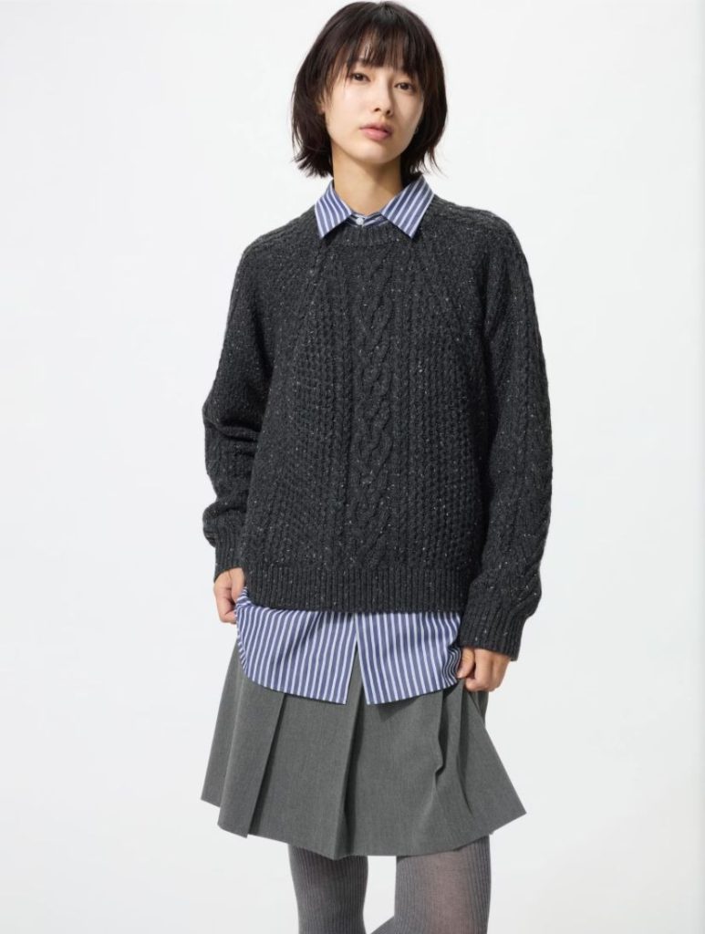 Sweater rajut kabel kerah bulat Uniqlo warna abu-abu tua