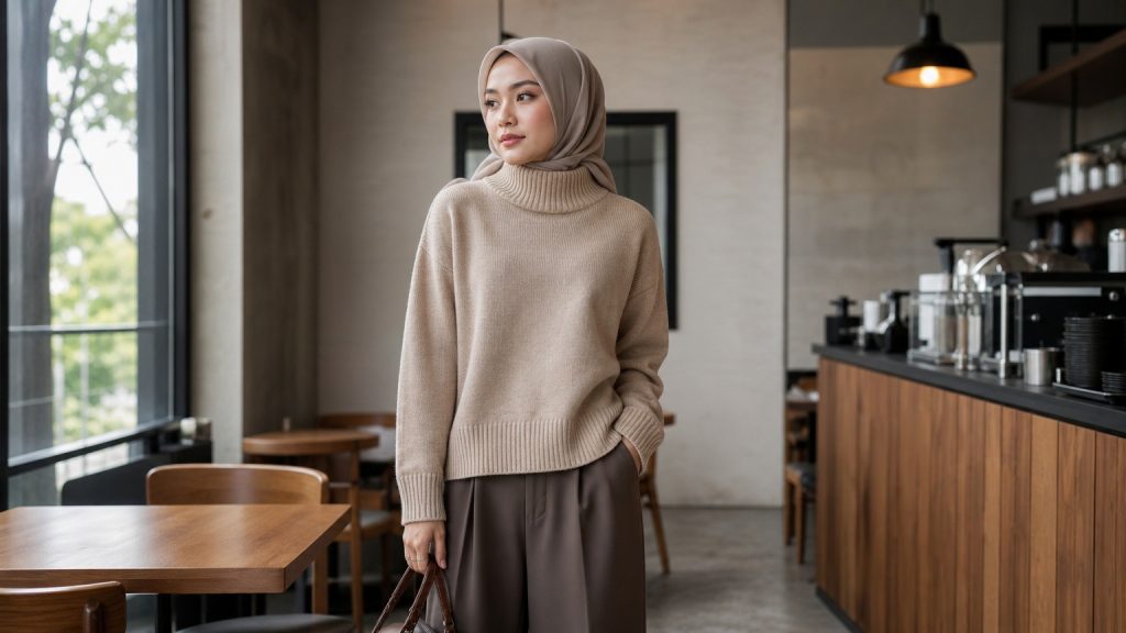 Sweater rajut turtleneck krem untuk wanita berhijab