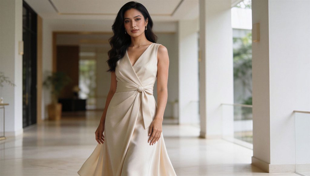 Wrap dress A-line krem dengan tali di pinggang