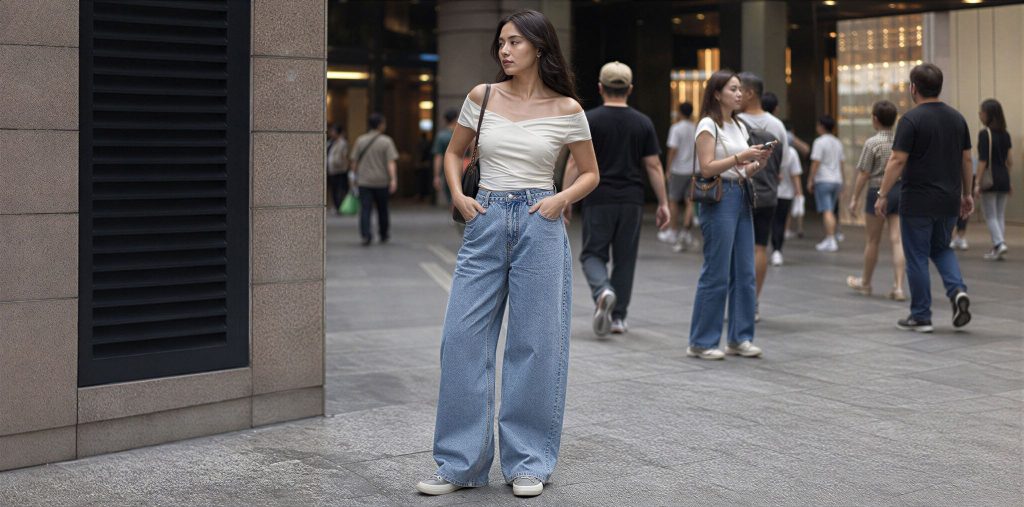 Baggy jeans dengan atasan sabrina putih untuk gaya chic