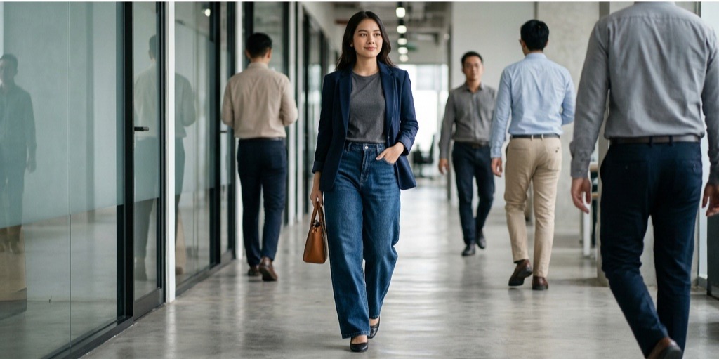 Baggy jeans dipadukan kaus polos dan blazer navy untuk tampilan kerja yang lebih formal