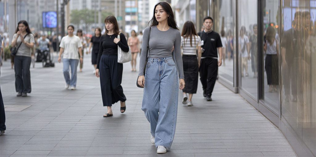 Baggy jeans dipadukan sweater abu-abu pas badan untuk gaya street style