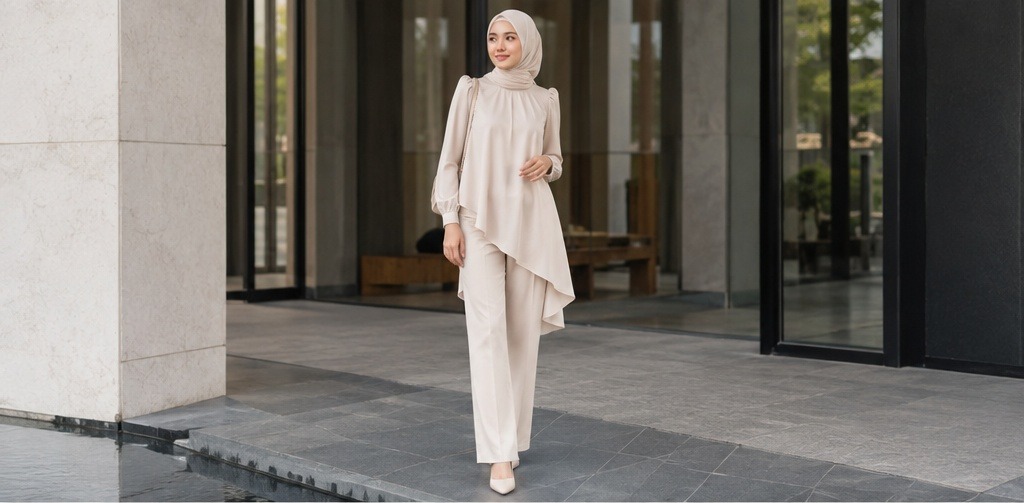 Blus asimetris krem dipadukan celana panjang putih