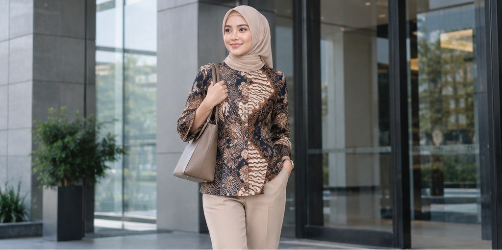 Blus batik lengan panjang untuk wanita berhijab