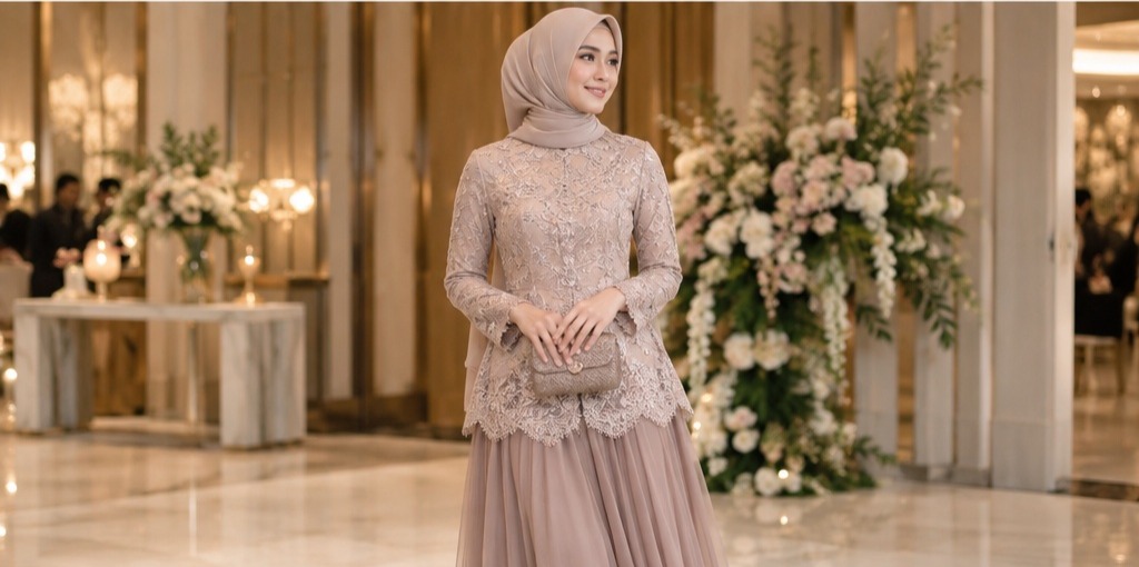Blus brokat warna dusty pink untuk kondangan