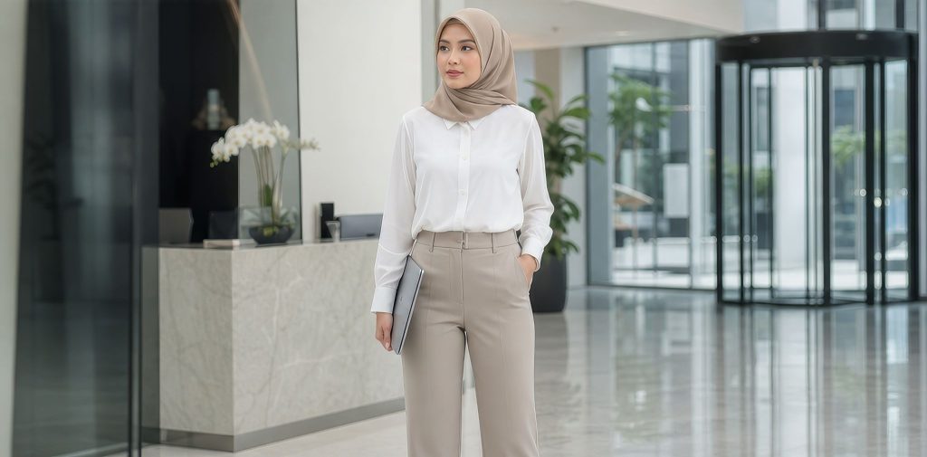 Blus lengan panjang formal putih untuk ke kantor