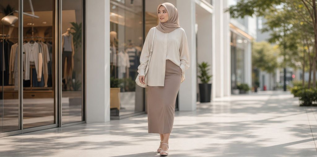 Blus oversized longgar warna krem dengan rok midi