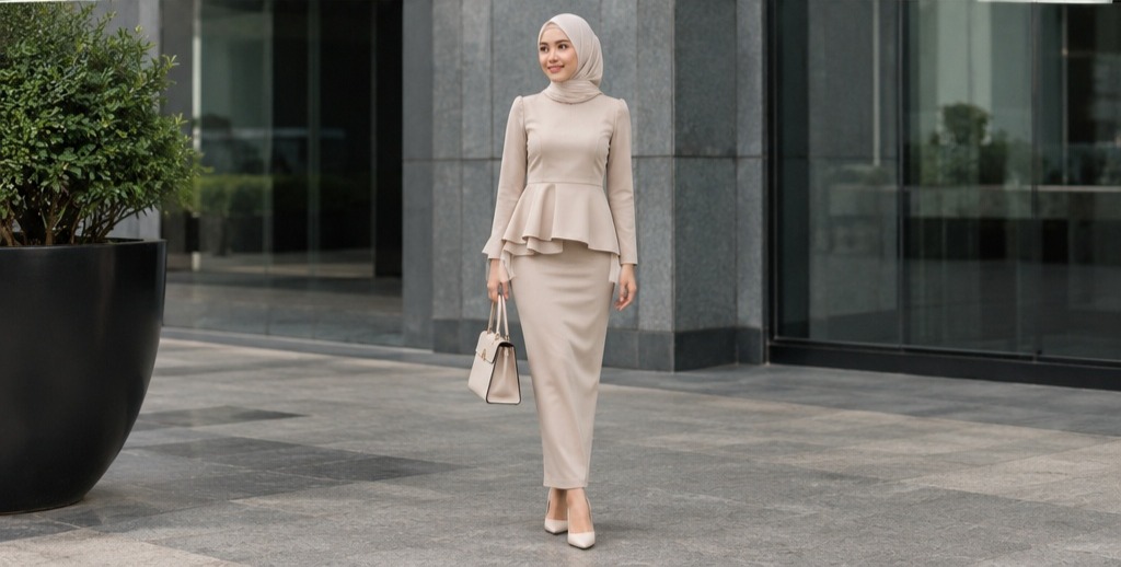 Blus peplum krem dipadukan rok panjang untuk wanita berhijab