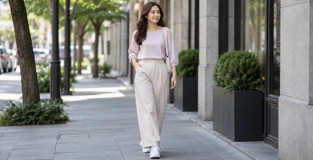 Blus polos kasual warna putih dipadukan celana krem