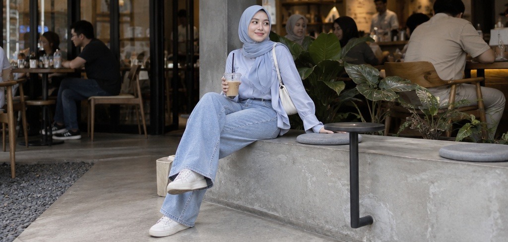 Padu padan baggy jeans dengan blus lengan panjang dan hijab warna senada untuk hangout