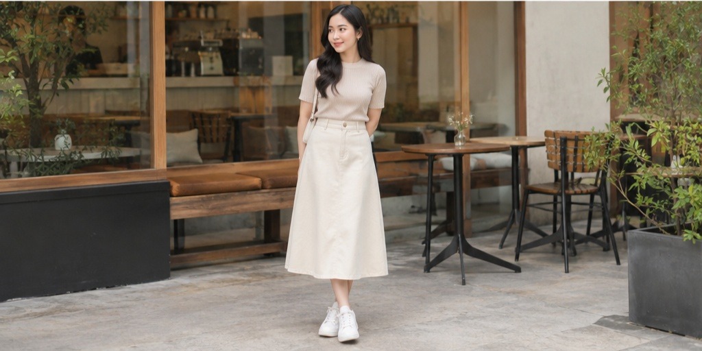 Rok A-line midi warna krem