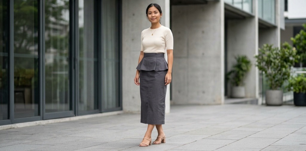 Rok berpinggang tinggi warna abu-abu