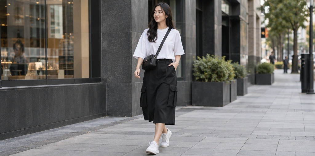 Rok kargo hitam dengan saku tempel