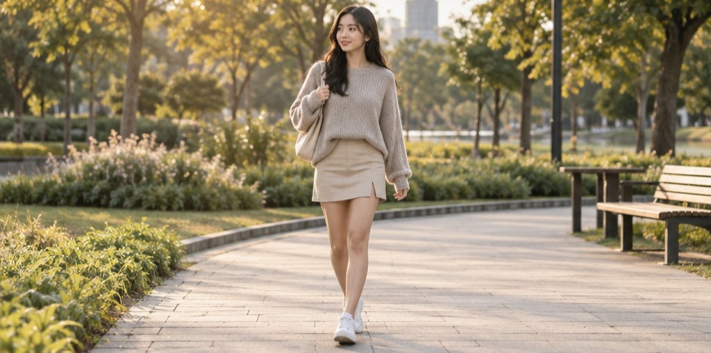 Rok mini krem dipadukan atasan rajut