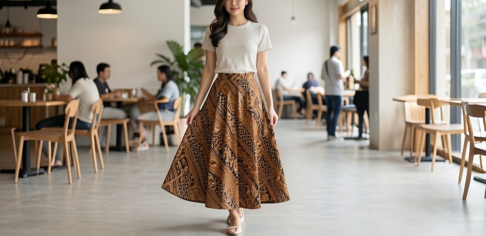 Rok payung batik motif cokelat dipadukan atasan putih