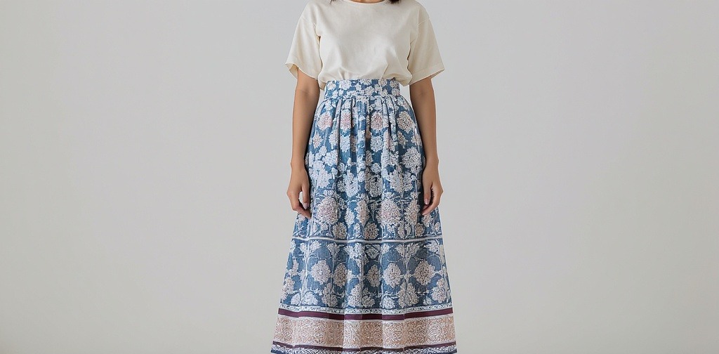 Rok payung maxi panjang motif biru hingga mata kaki