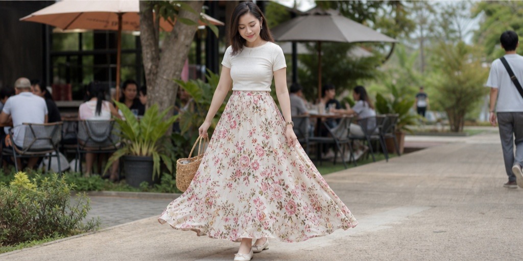 Rok payung motif bunga untuk tampilan feminin sehari-hari