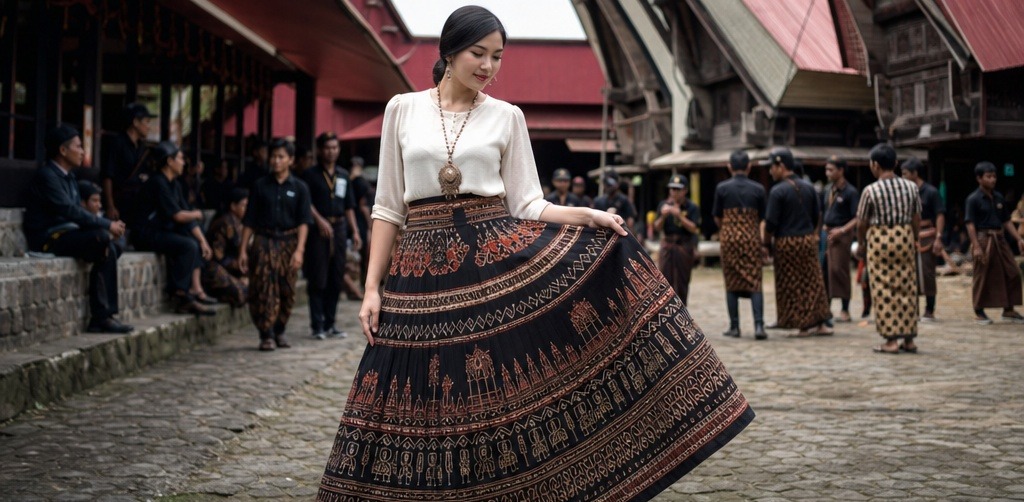 Rok payung motif tenun Toraja berlatar rumah adat Toraja