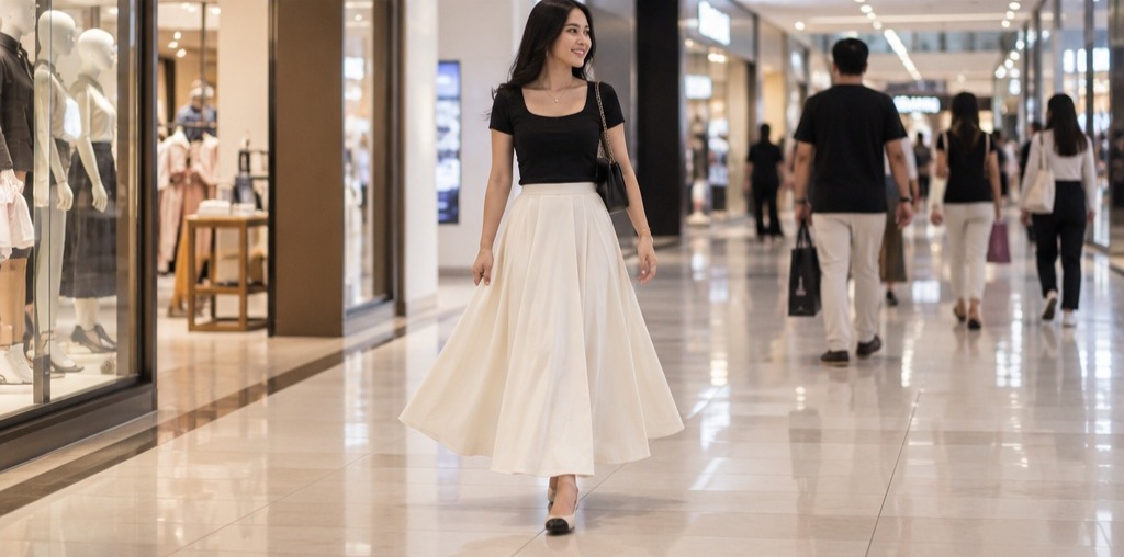 Rok payung polos warna krem dengan atasan hitam