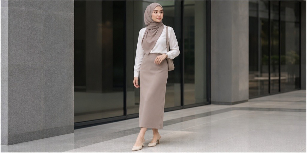 Rok span lurus warna taupe untuk wanita berhijab